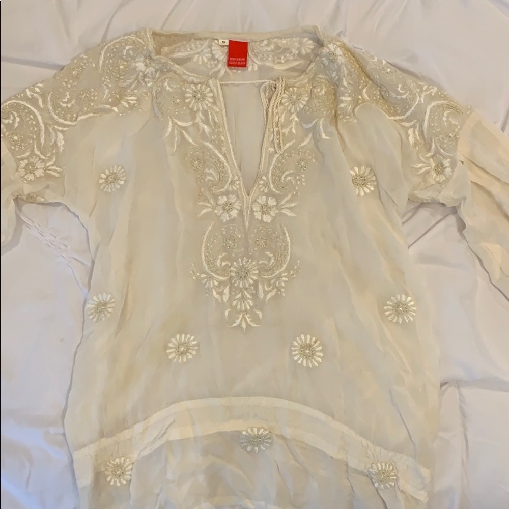 Red Carter Tassle Flare Sleeve Embroidered Top